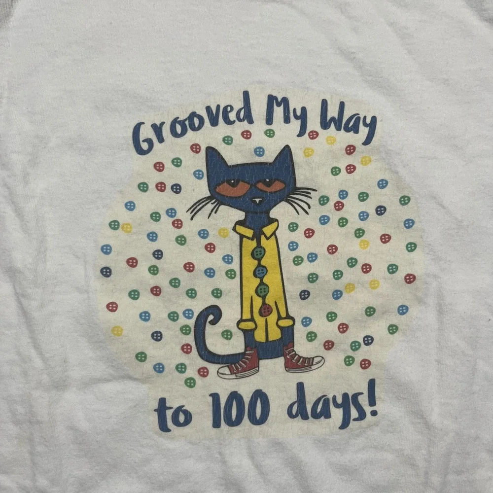 Pete the Cat 100 Days of School Graphic T-Shirt Boy Small White Gildan Cotton